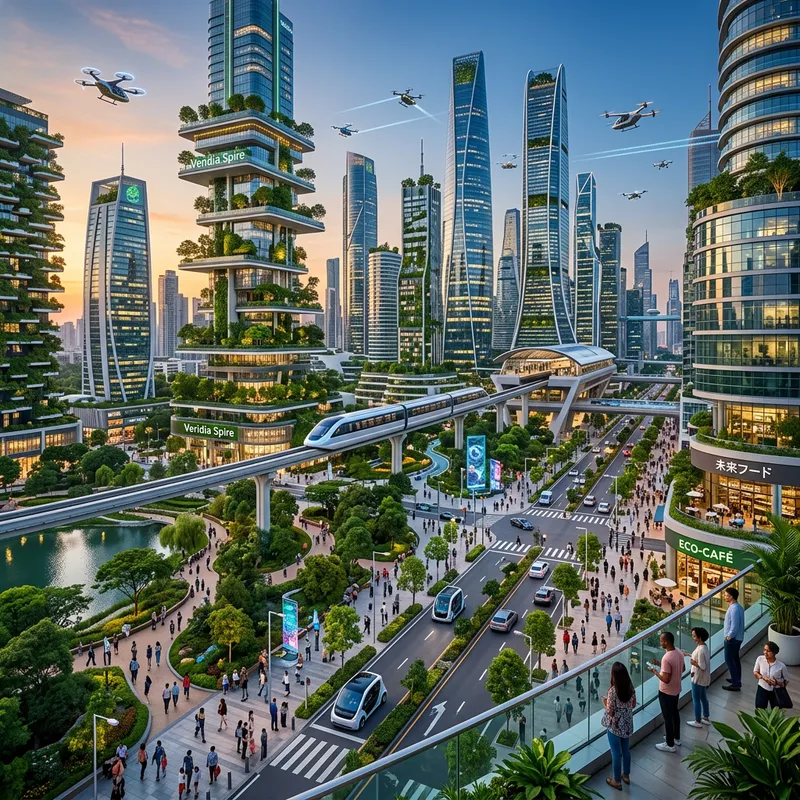 Futuristic Urban Landscape with Green Spaces & Efficient Transport