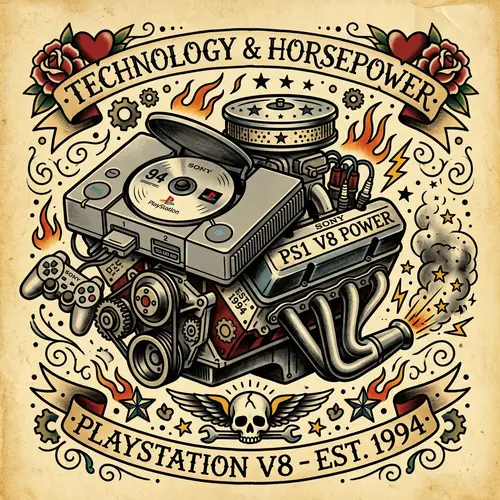 Playstation One Console fused with V8 Engine in Tattoo Art Style