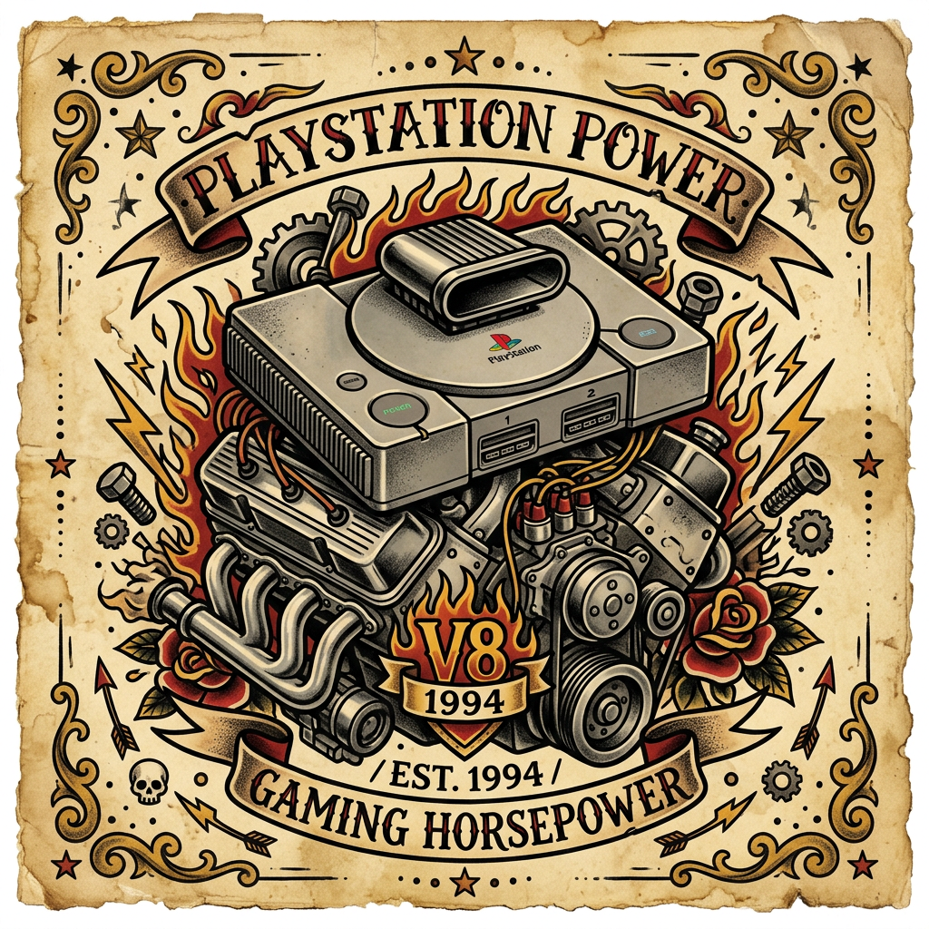 Vintage Playstation One with V8 Engine in American Tattoo Style