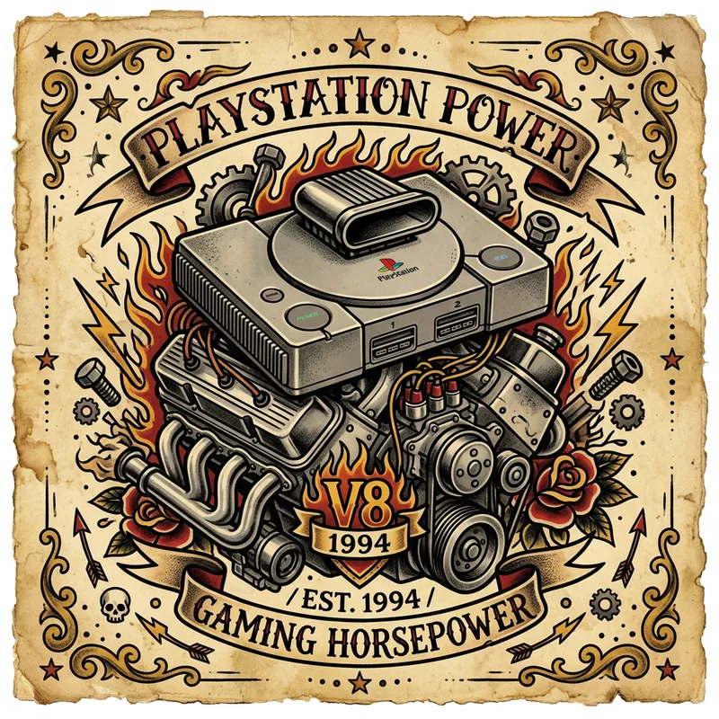 Vintage Playstation with V8 Engine in Old-School American Tattoo Style