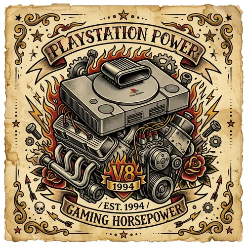 Vintage Playstation Fusion with V8 Car Engine | Old-School Tattoo Style