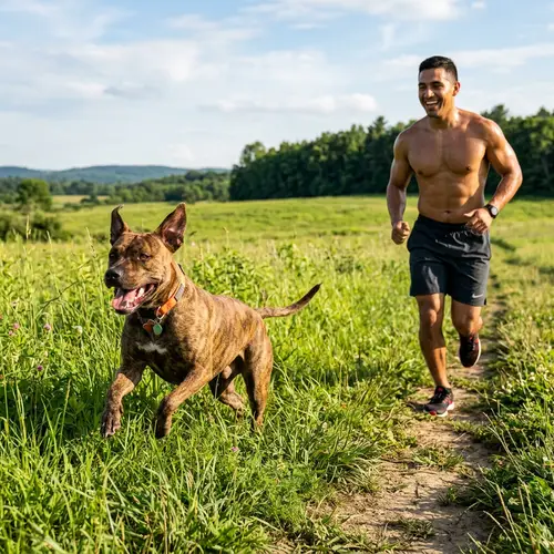 Charming Pitbull and Muscular Man Enjoying Playtime in Field