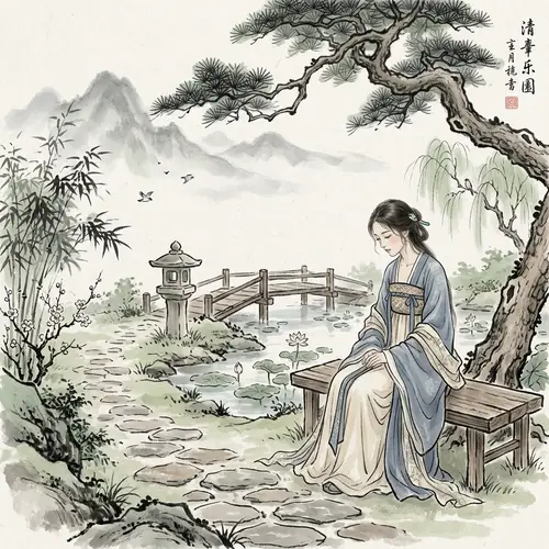Traditional Asian Ink Painting of Serene East Asian Woman in Garden