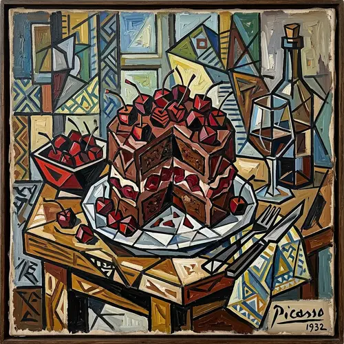 Picasso Style Still Life: Chocolate and Cherry Cake