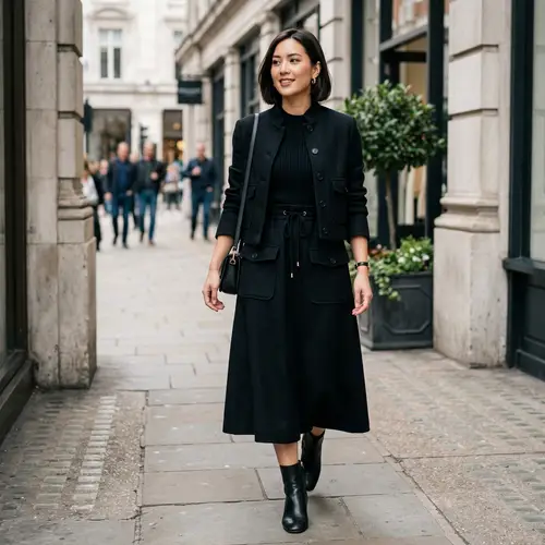 Stylish Two-Piece Dress and Jacket Set in Black | Adjustable Waist & Patch Pockets