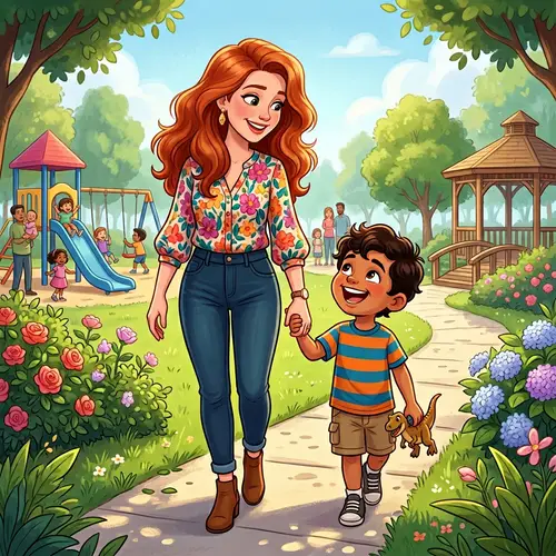 Cartoon Illustration: Redhead Woman with Little Boy | Best Quality