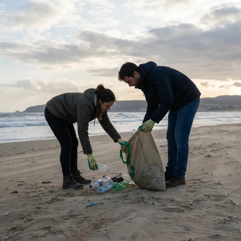 Couple Cleaning Up Trash on the Beach