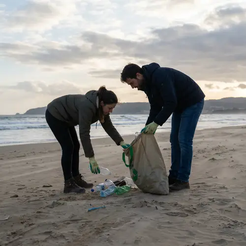 Couple Cleaning Up Trash on the Beach