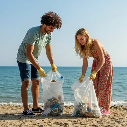 Couple Cleaning Up Trash on the Beach