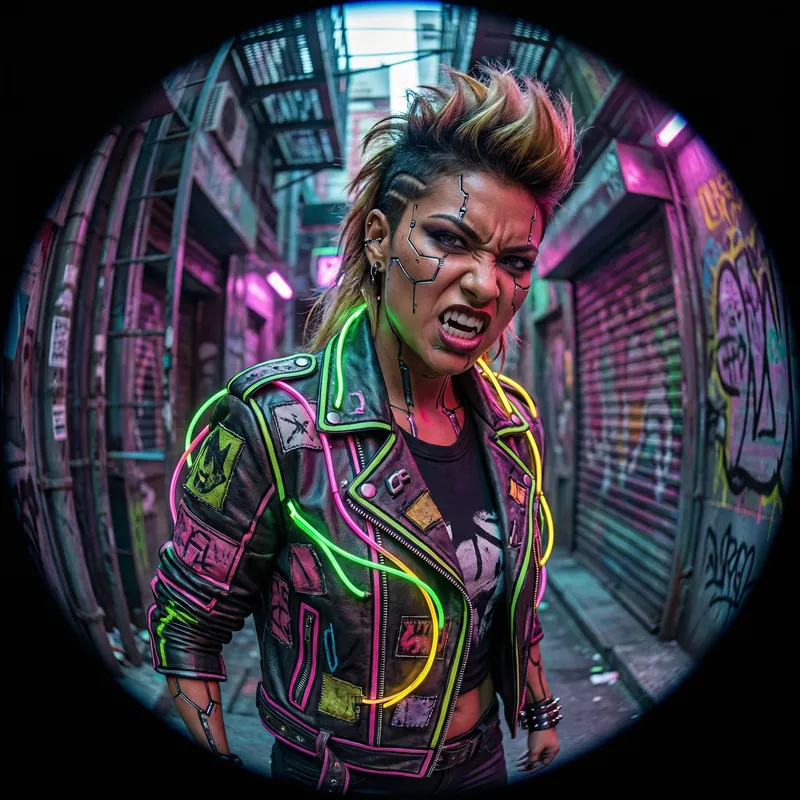 Hispanic Punk Rock Vampire Cyborg Woman | Vibrant Neon Colors Hispanic Punk Rock Vampire Cyborg Woman | Vibrant Neon Colors