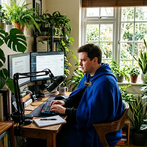 Male Blogger Creating Content in Royal Blue Cloak