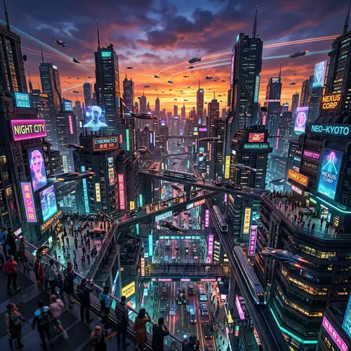 Futuristic Cyberpunk Cityscape at Sunset | Thriving Metropolis