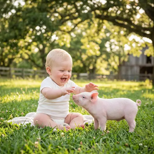 Joyful Baby Playing with Pink Piglet - Cute Interaction Scene