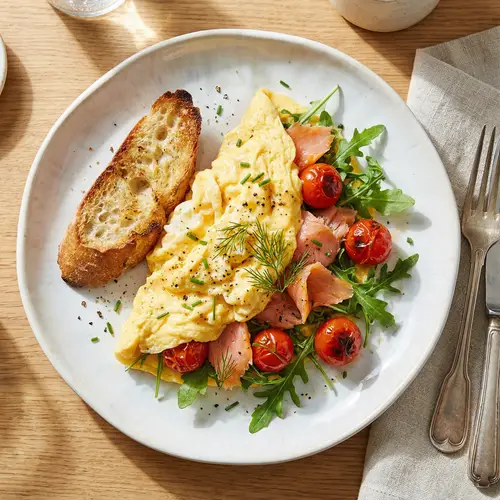 Scrambled Eggs with Salmon, Tomatoes & Arugula