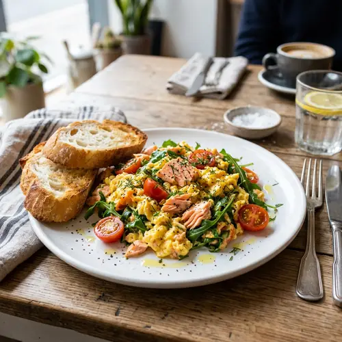 Delicious Salmon Scramble with Arugula & Tomatoes