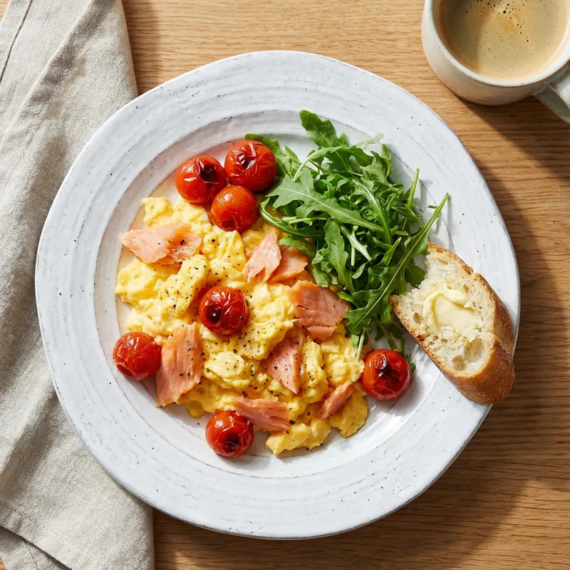 Scrambled Eggs with Salmon and Arugula Delight