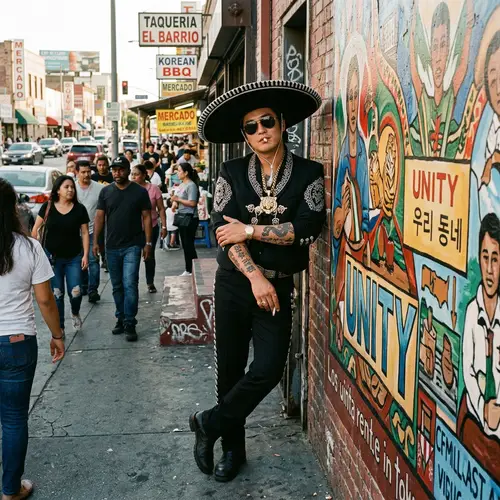 Gangster-Inspired Charro Culture Fusion in Diverse Neighborhood