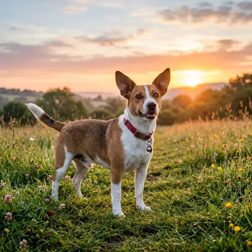 Beautiful Mixed Breed Dog in Grassy Field at Sunrise