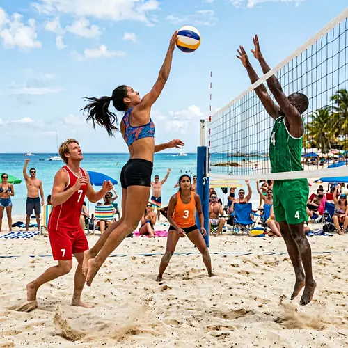 Exciting Beach Volleyball Game on Sunny Day