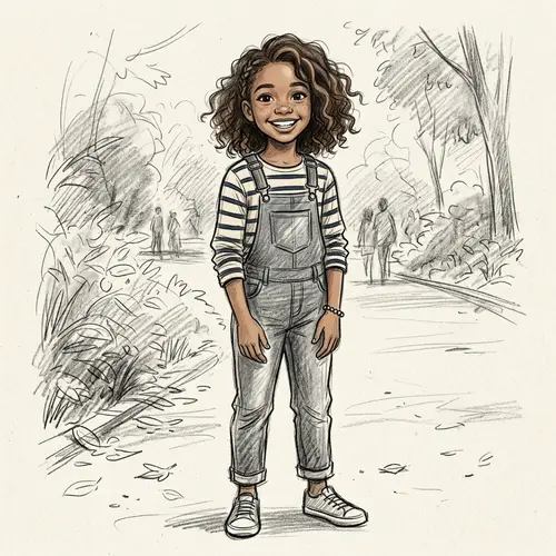Cheerful 11-Year-Old Girl Sketch with Brown Skin & Curly Hair