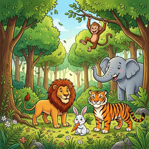 Cartoon Forest Animals Clipart - Joyful Wildlife Scene
