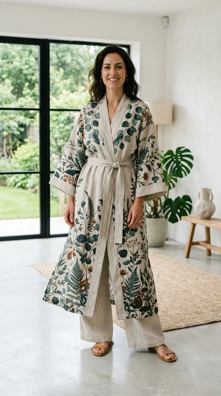 Elegant Linen Kimono Robe | Stylish Botanical Print Elegant Linen Kimono Robe | Stylish Botanical Print