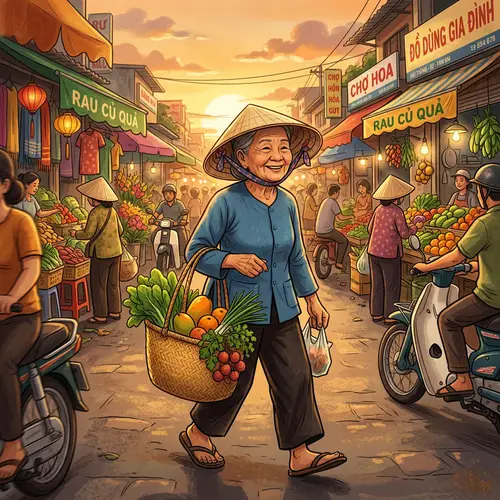 Elderly Vietnamese Woman Shopping Illustration