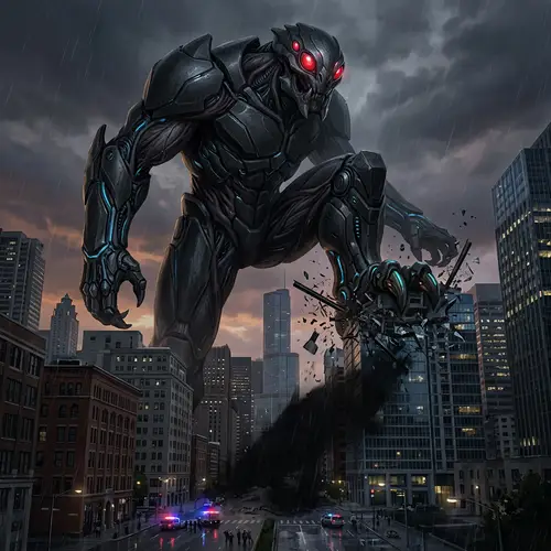 Colossal Mythical Creature Crushes Urban Skyline