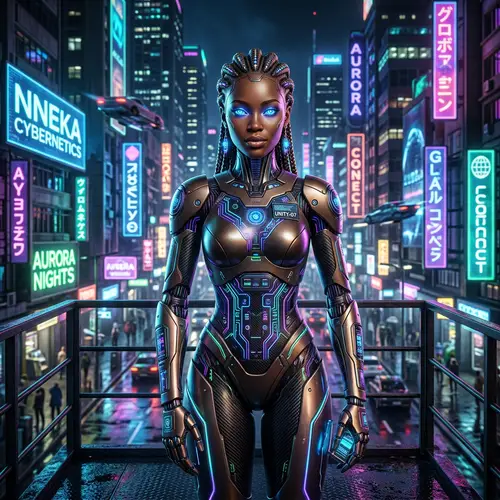 Futuristic African Female Robot in Neon-Lit Scenario