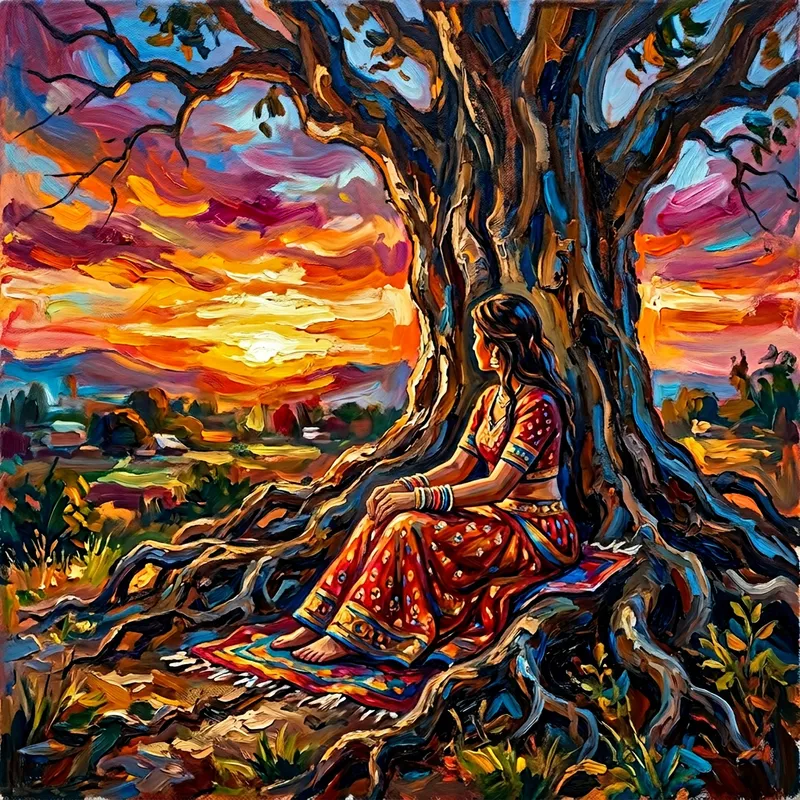 South Asian Girl in Traditional Attire By Tree - Abstract Art