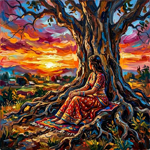 South Asian Girl in Traditional Attire - Abstract Painting