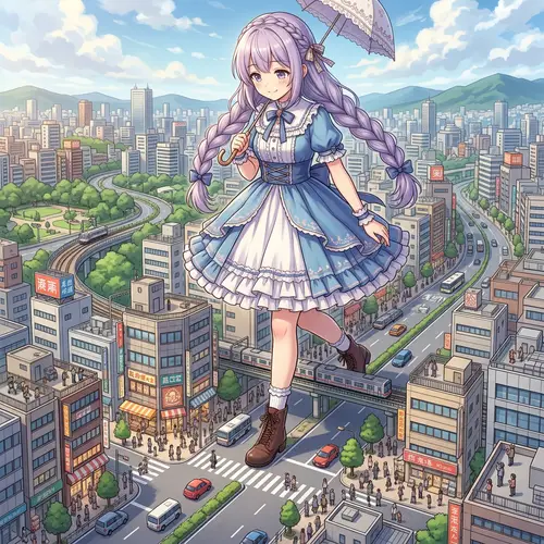 Colossal Anime-Style Character Walking Through Miniature Cityscape