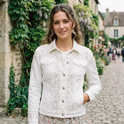 White Lace Beaded Denim Jacket - Soft & Fitted Design