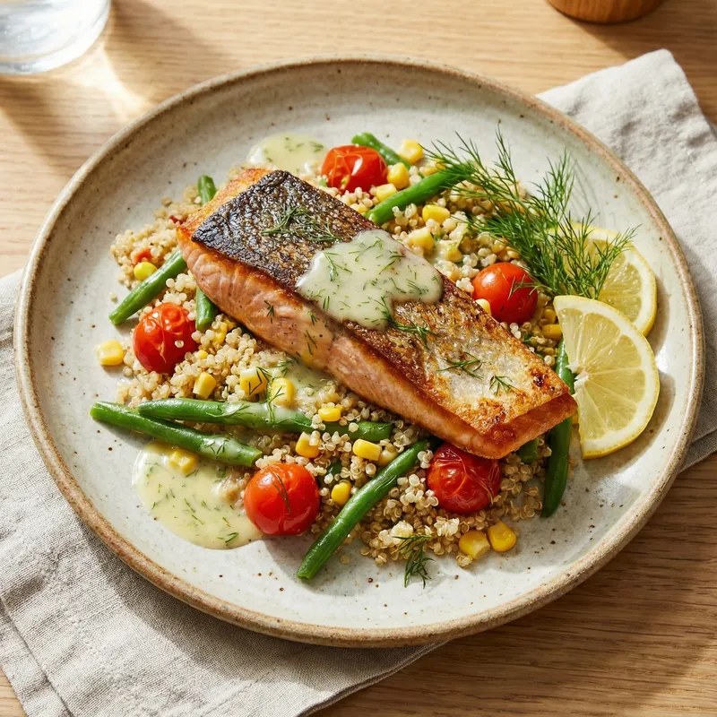 Healthy Salmon Meal with Quinoa and Fresh Vegetables