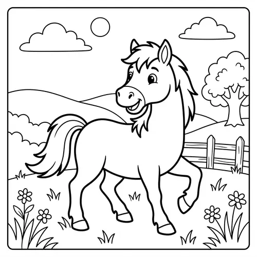 Playful Horse Coloring Book Illustration for Kids