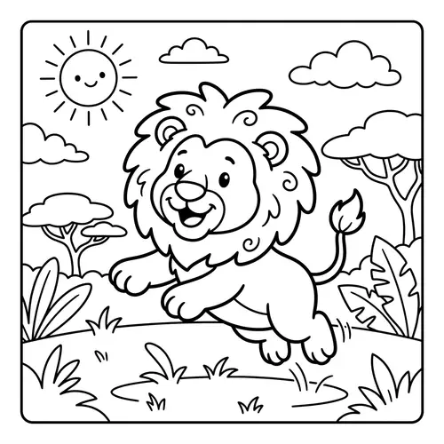 Playful Lion Coloring Page for Kids - Black and White Cartoon