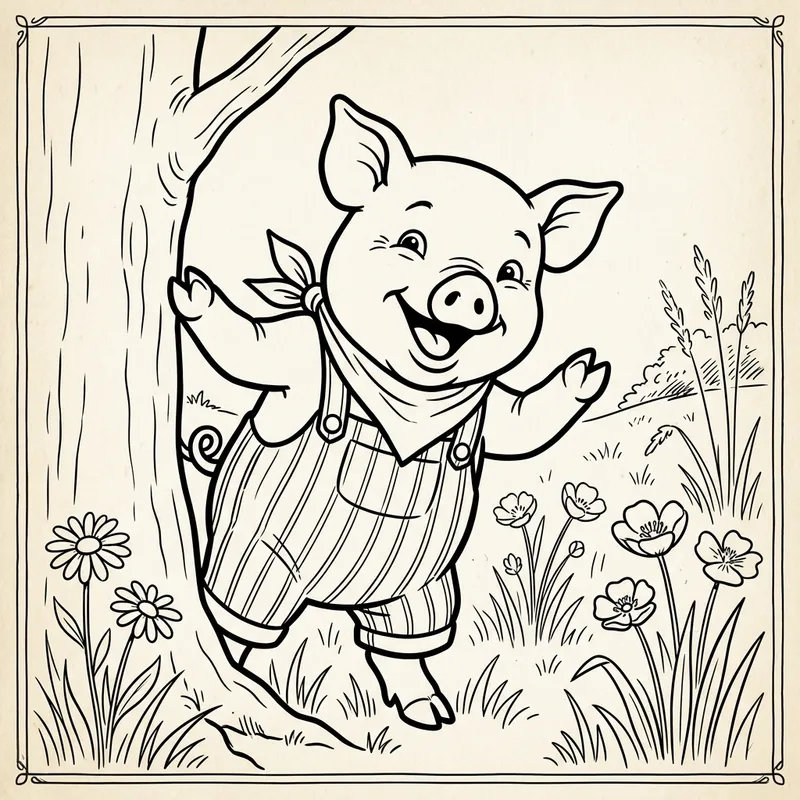 Adorable Playful Pig Cartoon Coloring Page for Kids