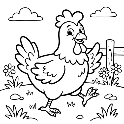 Playful Chicken Illustration for Kids Coloring | Black and White Art