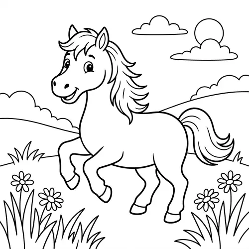 Playful Horse Coloring Page for Kids | Black and White Illustration