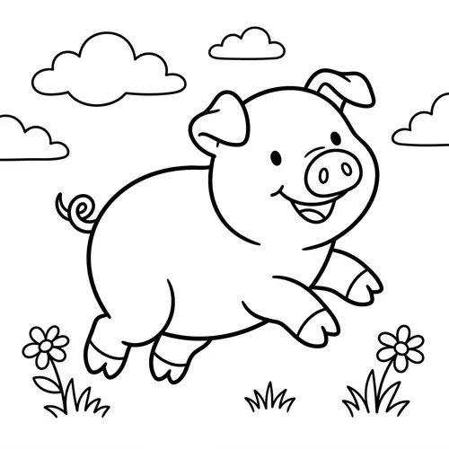 Playful Pig Coloring Page for Kids | Black and White Line Art