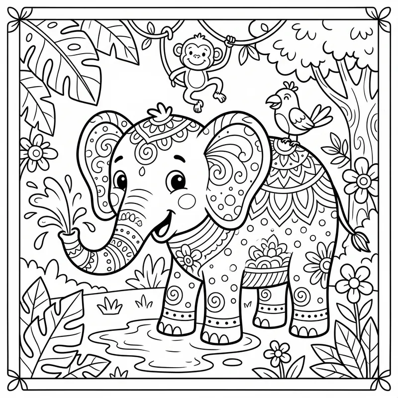 Charming Elephant Line Art for Coloring by 6-Year-Olds