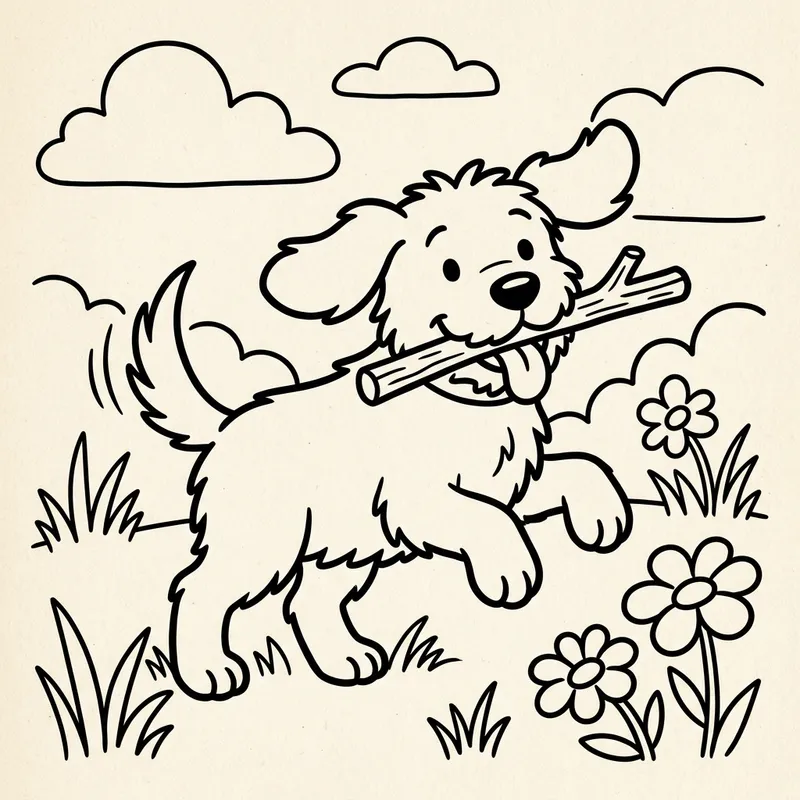 Playful Dog Coloring Page - Classic Children's Book Style