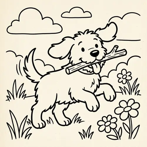 Playful Dog Cartoon Drawing for Kids - Black and White Style