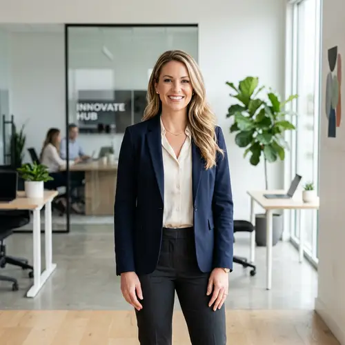 Confident Blonde Woman in Modern Workspace | Professional Attire