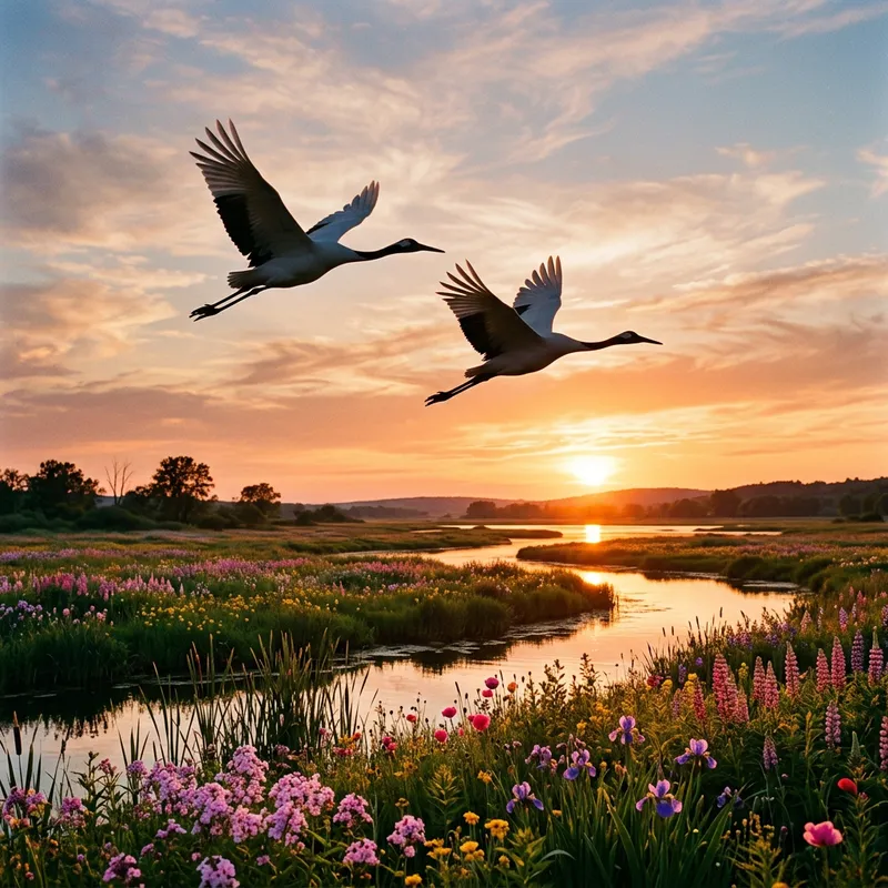 Elegant Flying Cranes with Sunset & Flowers Elegant Flying Cranes with Sunset & Flowers