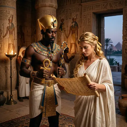 Ancient Egypt Black Pharaoh and Caucasian Woman Scene