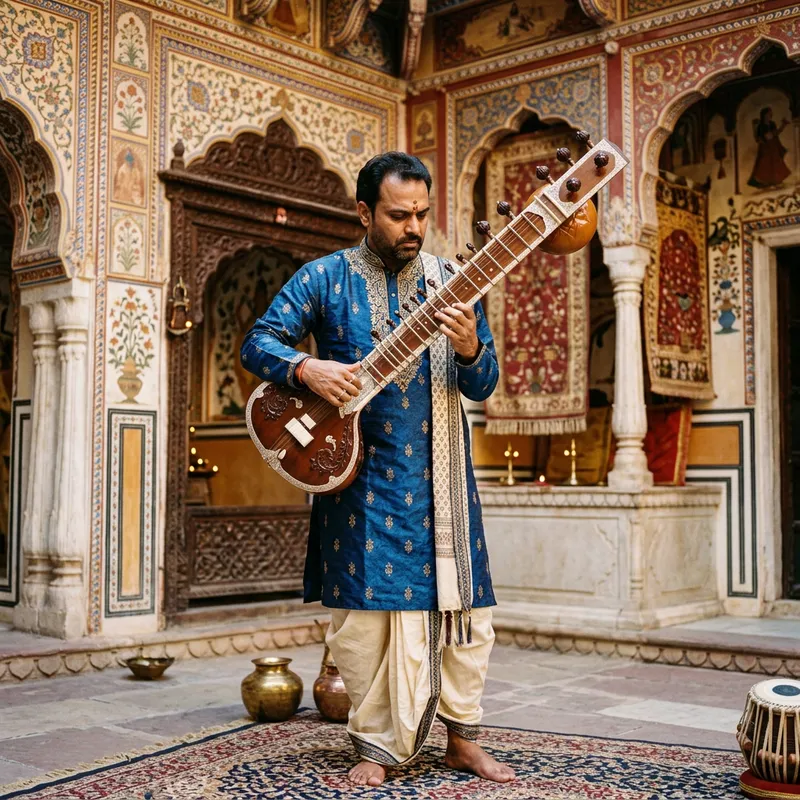 Indian Man Embracing Traditional Heritage with Sitar
