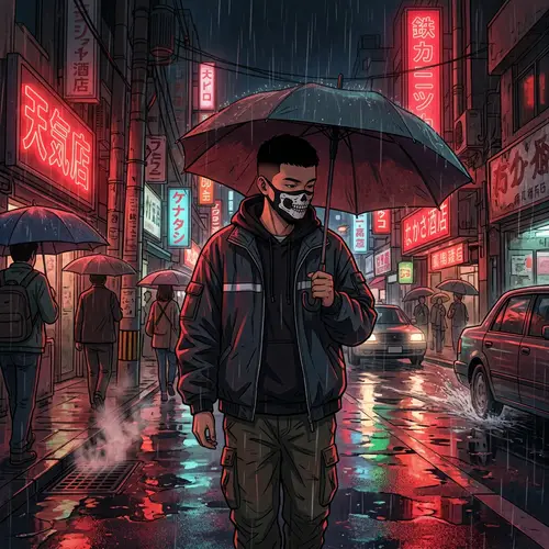 Vintage '90s Anime Art: Young Guy in Black Skull Mask