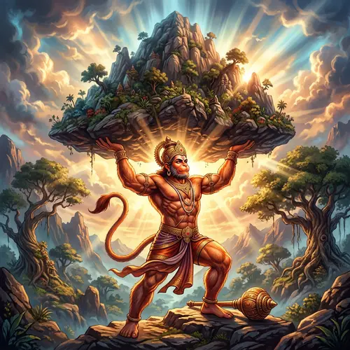 Hanuman ji Lifting Mountain - Mythical Illustration