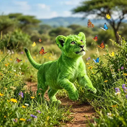 Green Fur Male Baby Lion | Unique Wildlife Beauty